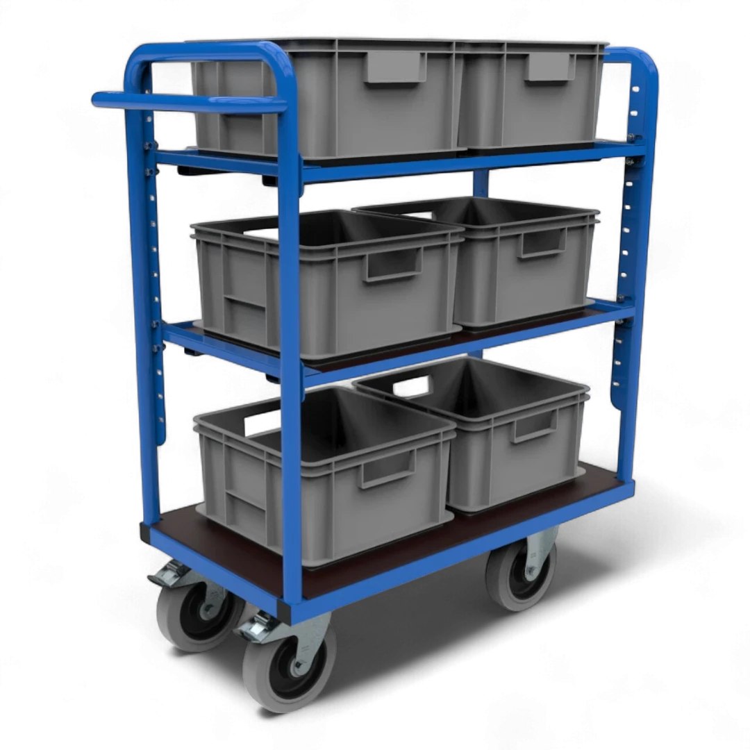 Kommissionierwagen mit mehreren Ebenen, Rollen und Griffen zum Transport von Waren in Lagern. Praktisch für effizientes Kommissionieren und Lagerlogistik.